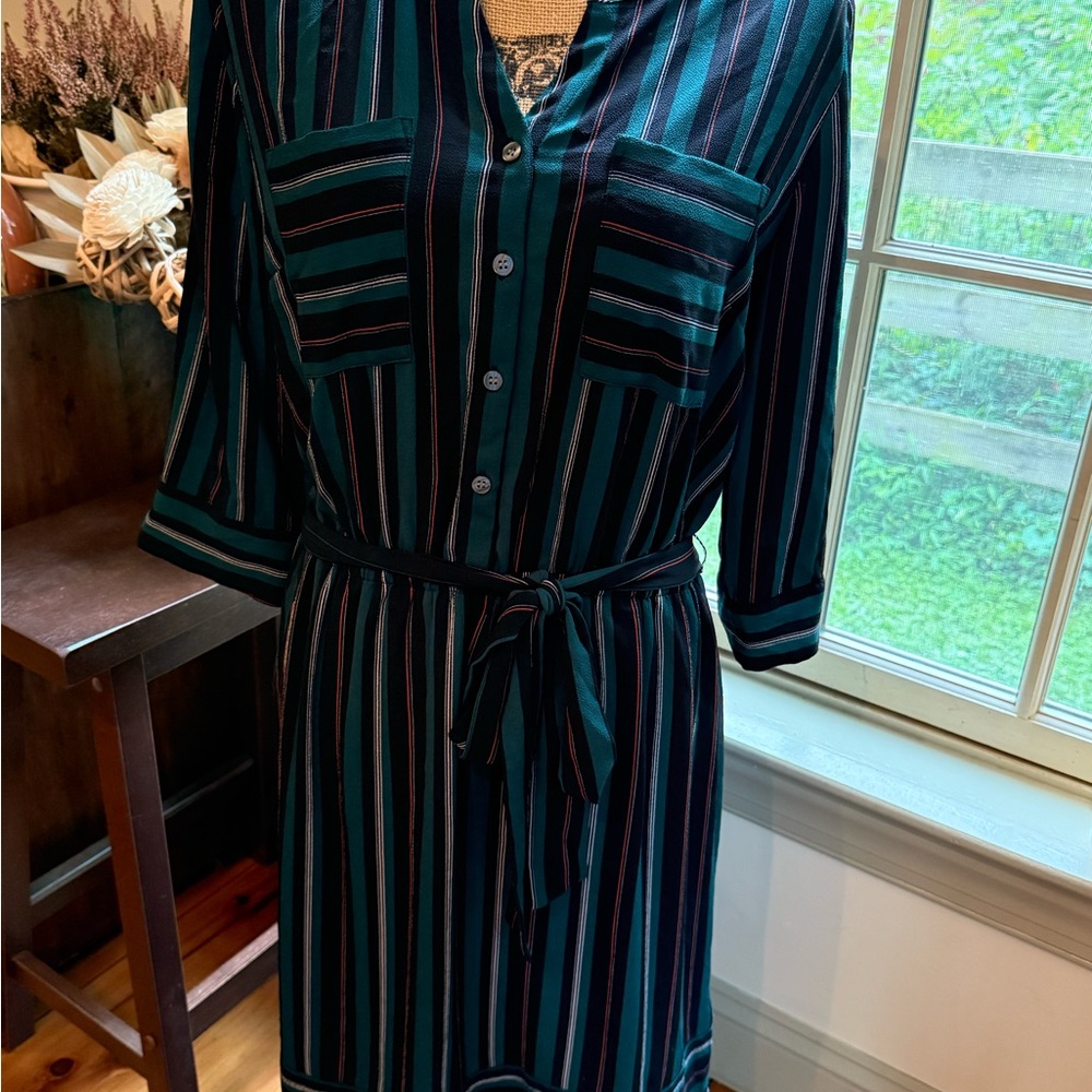 dressbarn Teal and Black Striped Long Sleeve Dress